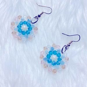 Handmade Spherical Beaded White & Blue Tatting Earrings One Of A Kind !